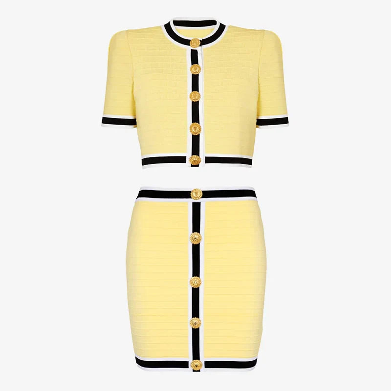 Yellow Cardigan and Mini Skirt Set Mini Dress