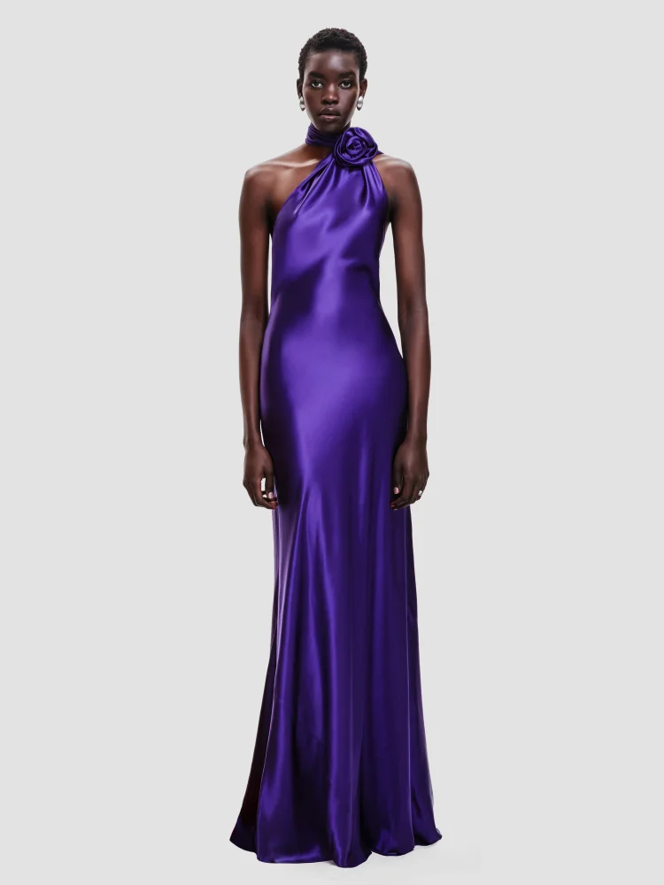 Purple Satin Halter Neck 3D Flower Maxi Dress
