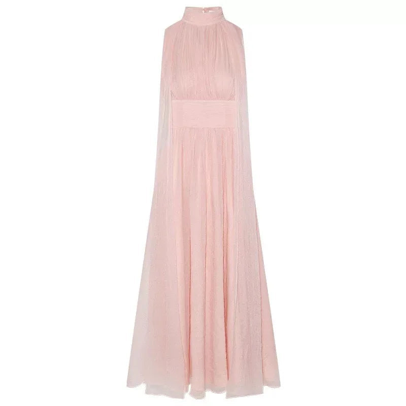 Ribbon Sleeveless Pleated Solid Long Party Dress