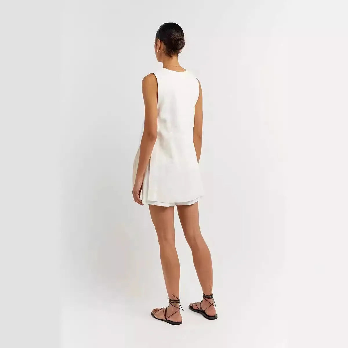 Cotton V Neck Buttoned Vest Shorts Party Dress