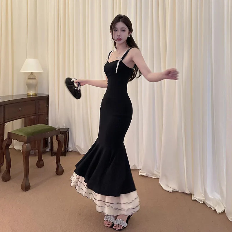Black Ruffled Fishtail Elegant Midi Dress