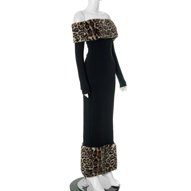 Leopard Print Fluff Spliced Maxi Dress
