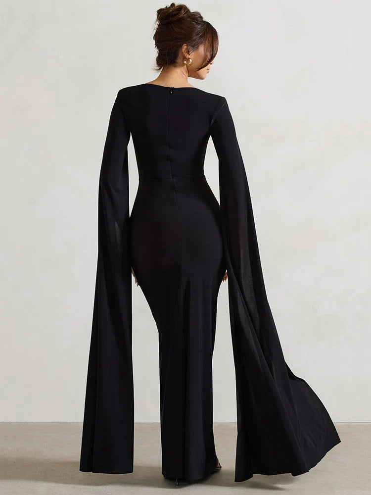 Cape Sleeve High Split Elegant Maxi Dress