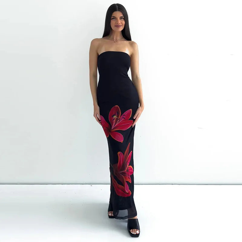 Black Tube Flower Back Tie Maxi Dress