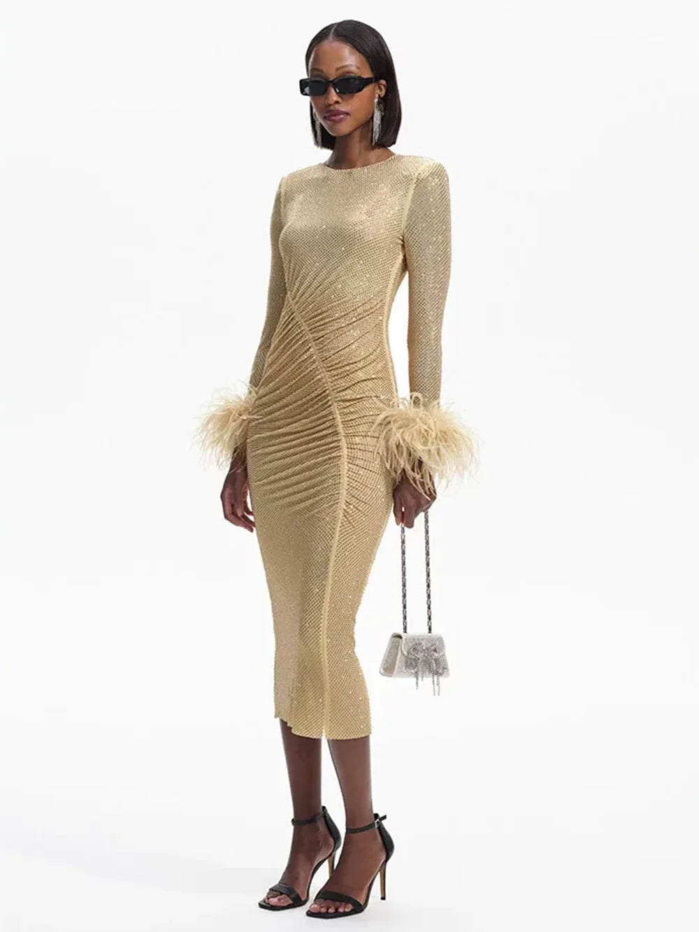 Long Sleeve Feather Rhinestone Midi Party Dress