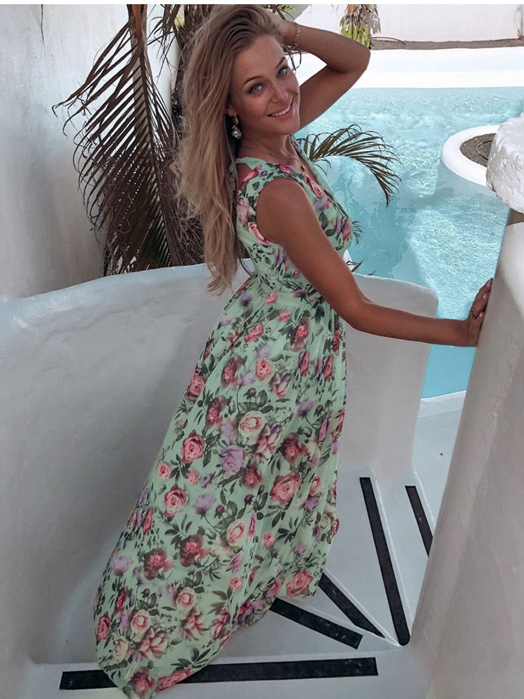 Chiffon Printed V-Neck Sleeveless Maxi Dress