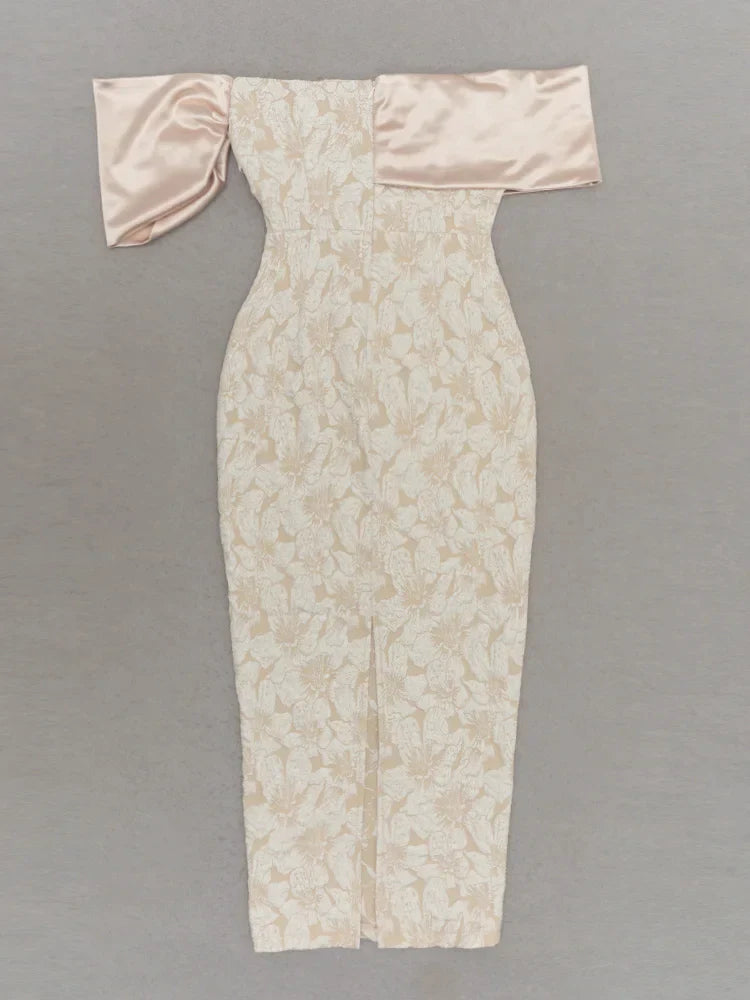Slash Neck Embossed Flower Beige Party Dress