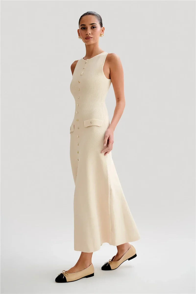 Knit Maxi Dress with Pockets Button Front