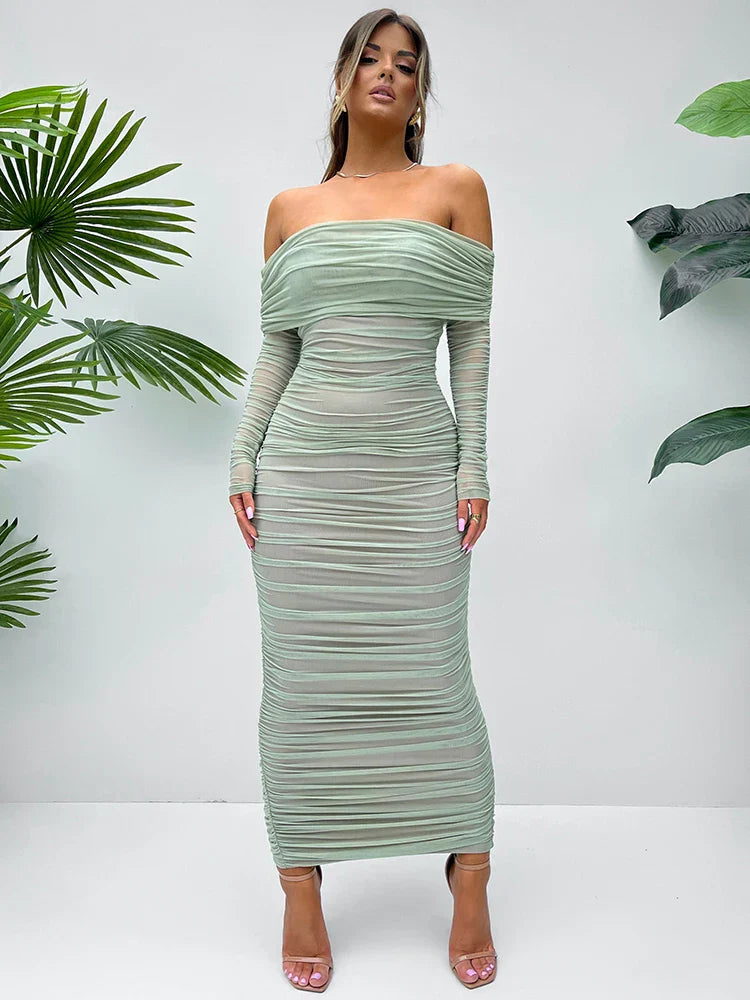 Off Shoulder Slash Neck Solid Maxi Dress