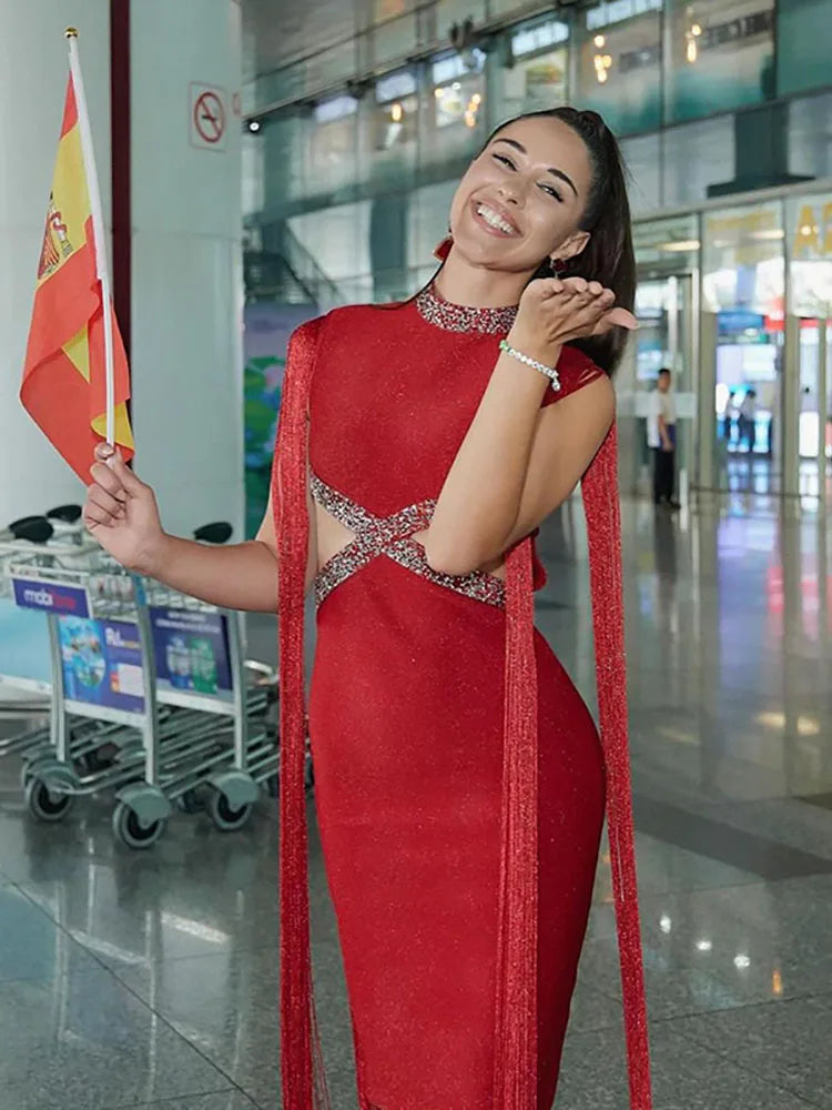 Fringe Tassel Sequin Party Midi Dress