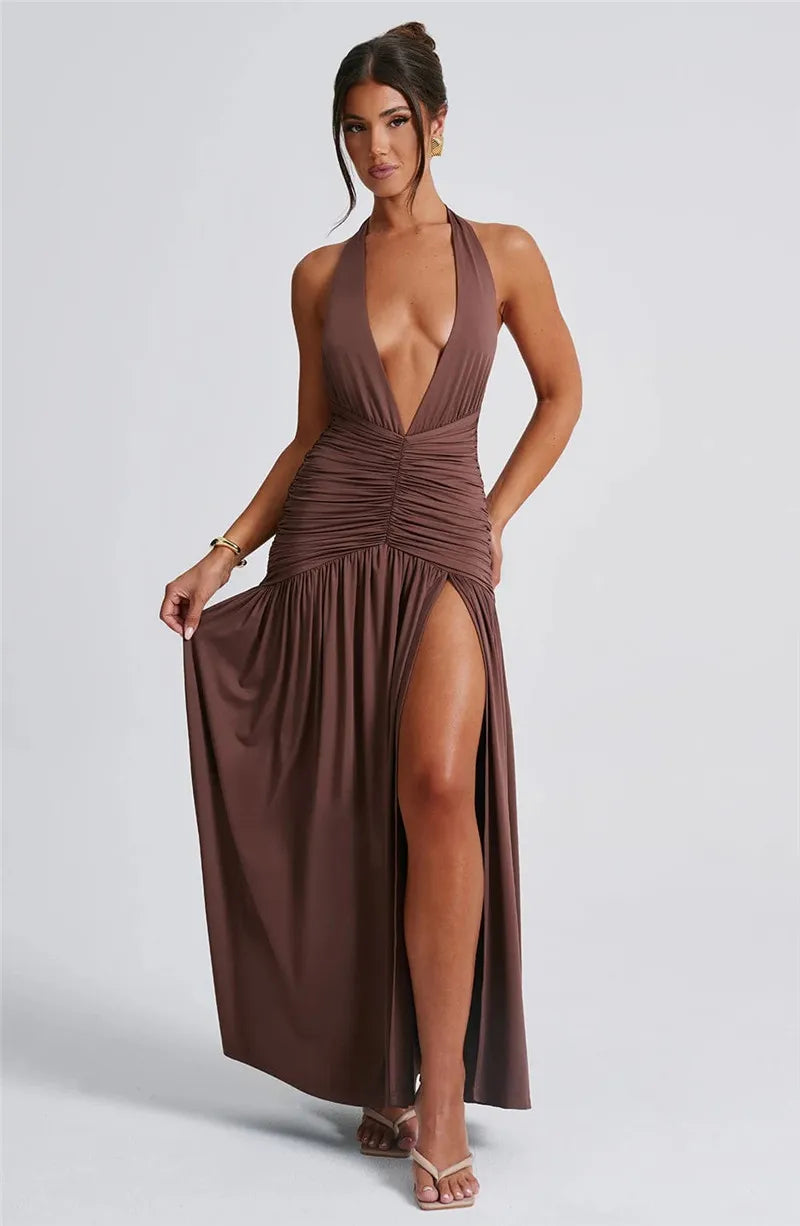 Open Back Solid Thigh High Split Party Dress