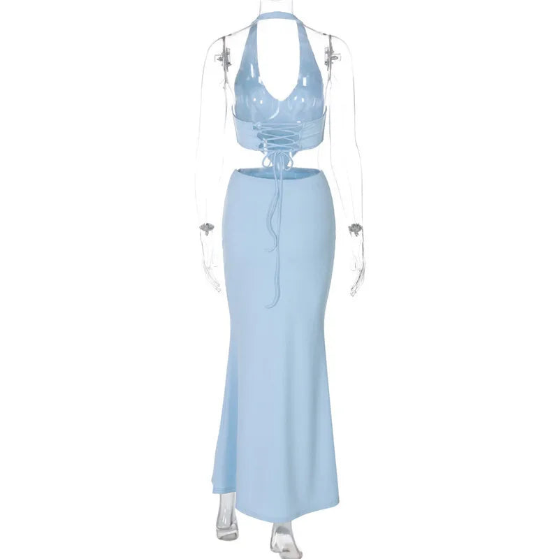 Halter Backless Blue Lace-Up Maxi Dress