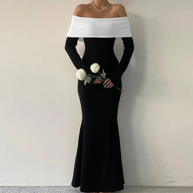 Black White Off Shoulder Long Sleeve Maxi Dress