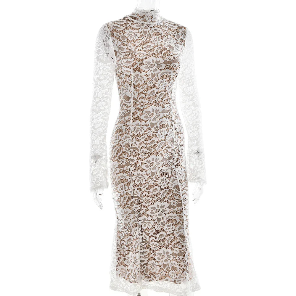 Lace White Long Sleeve Turtleneck Party Dress