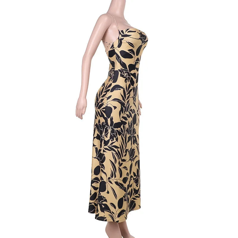 Leopard Print Bodycon Spaghetti Strap Backless Maxi Dress