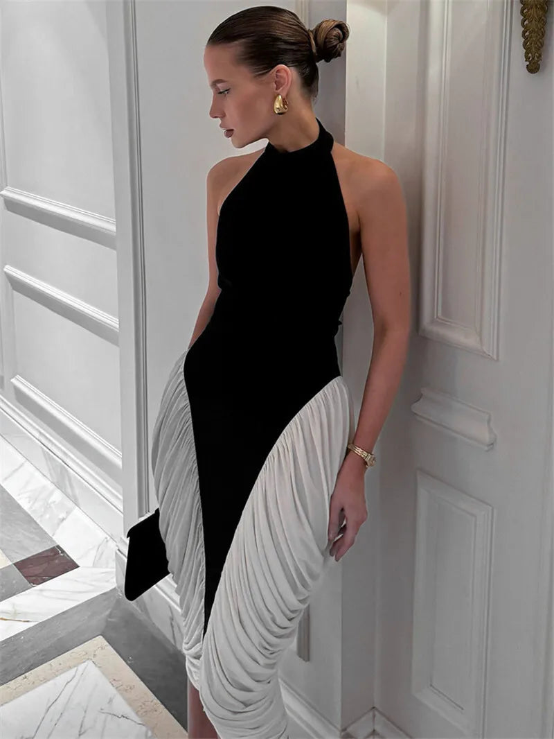 Patchwork Halter Pleated Contrast Midi Dress