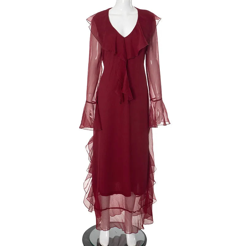 Ruffled Red Flare Sleeve Maxi Dress