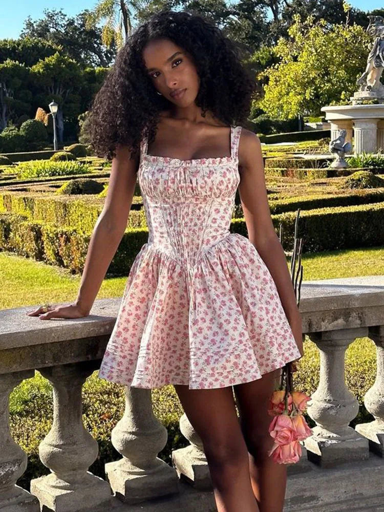 Floral Print Open Back Corset A Line Mini Dress