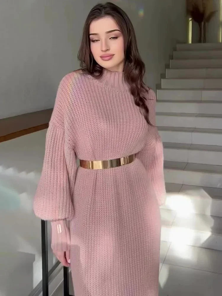 Turtleneck Pullover Belted Solid Party Dress