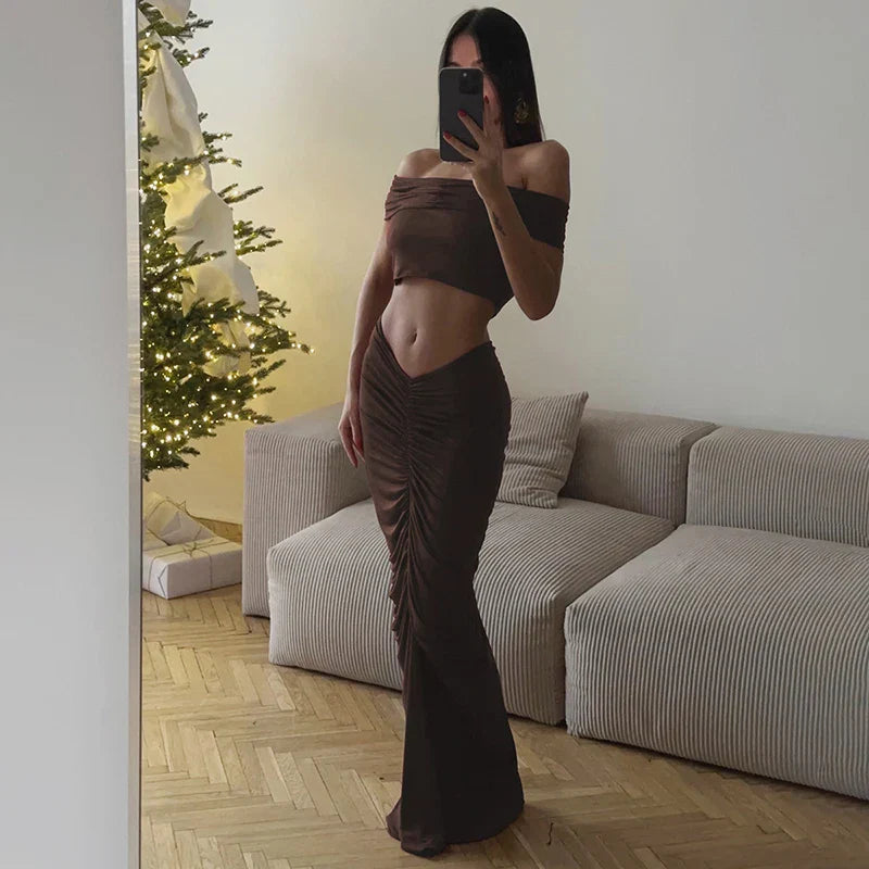 Off Shoulder Crop Top Long Skirt Party Dress