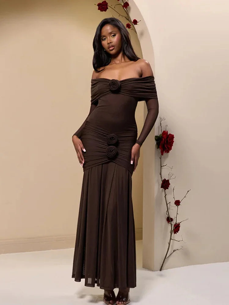 3D Flower Mesh Long Sleeve Fishtail Maxi Dress