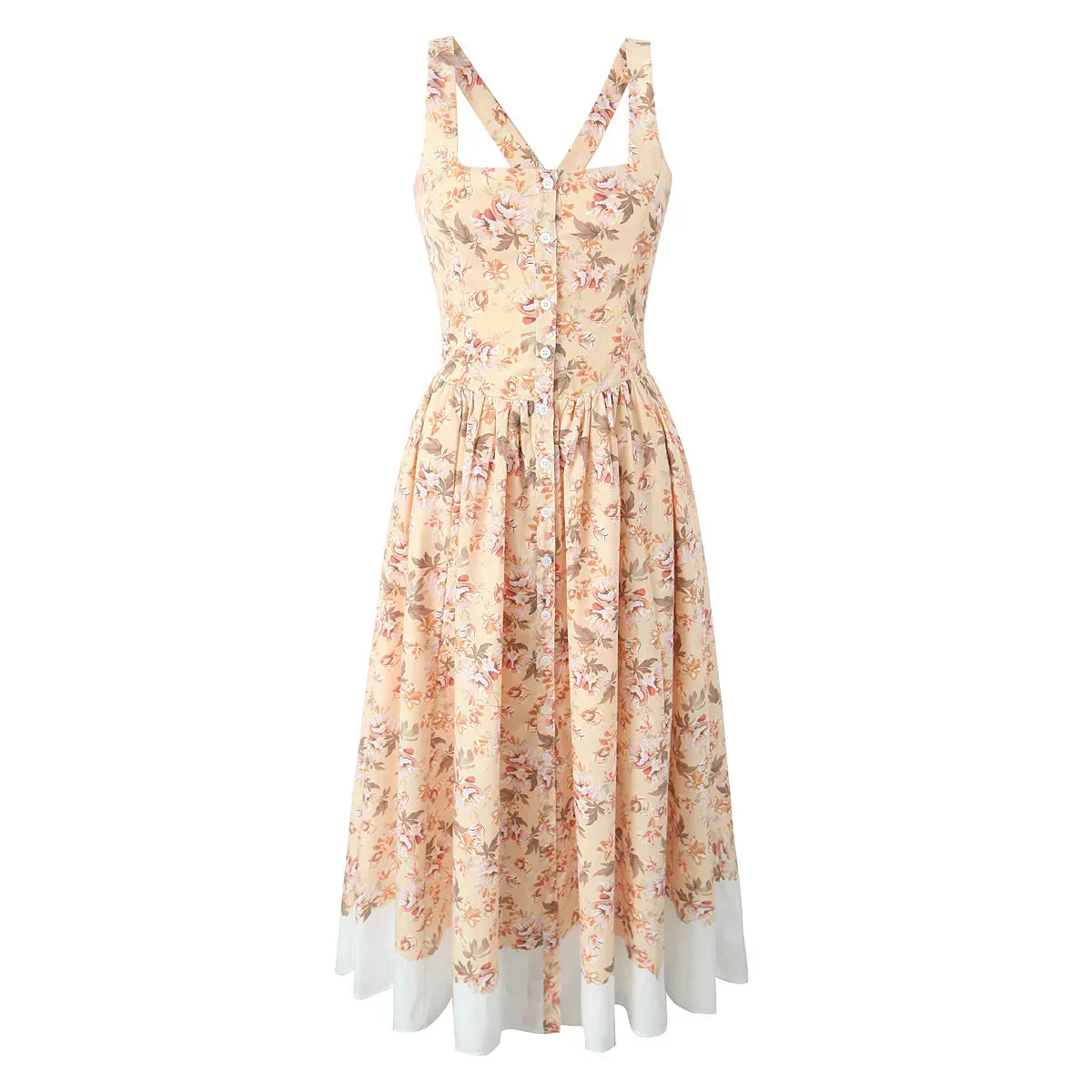 Slash Collar Floral Corset Pleated Midi Dress