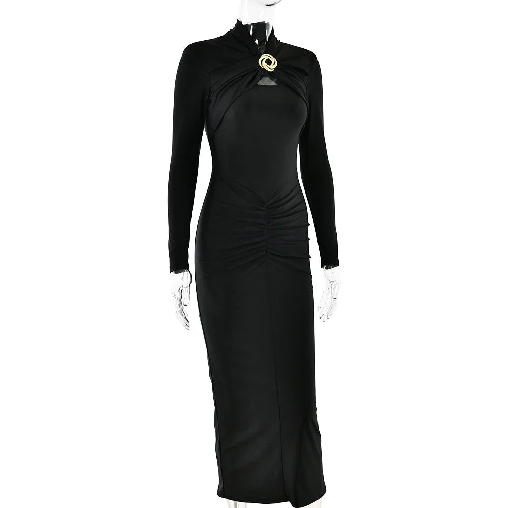 Long Sleeve Pleated Hollow Maxi Dress