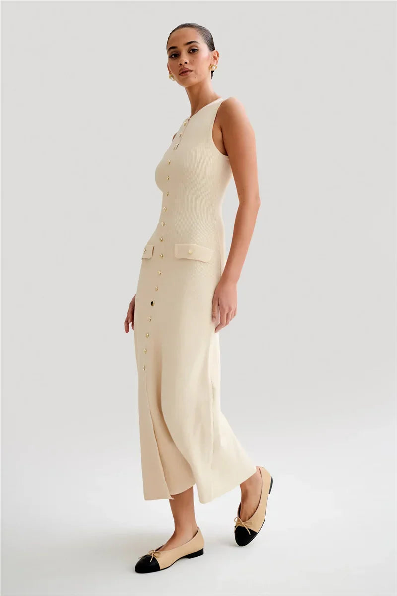 Knit Maxi Dress with Pockets Button Front