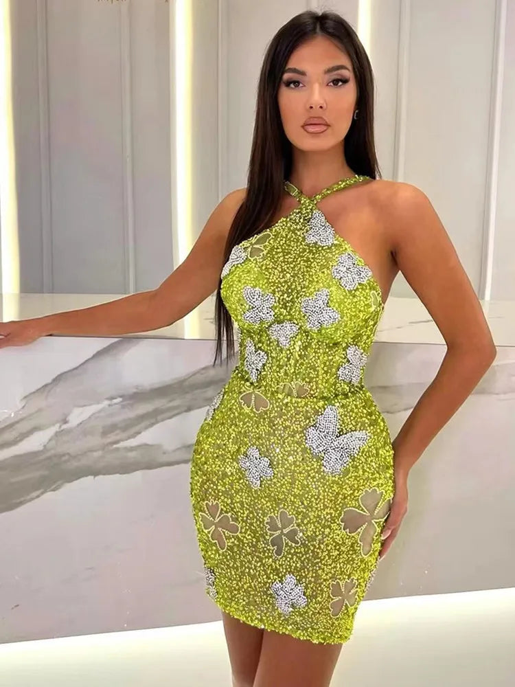 Mesh Sequin Butterfly Elegant Mini Dress