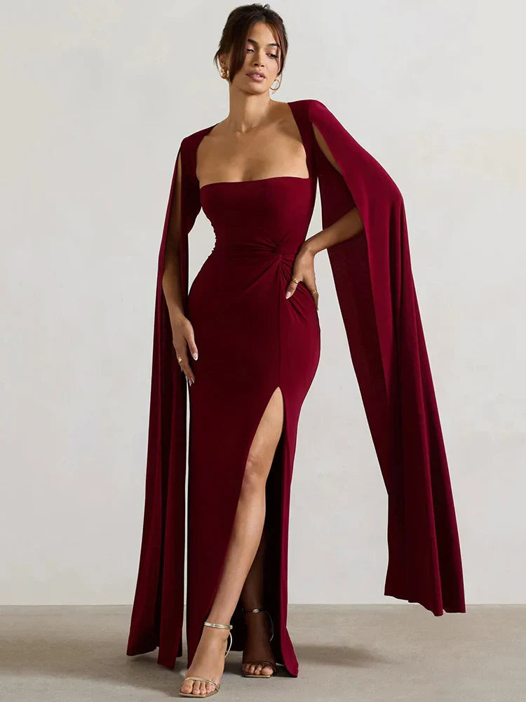 Cape Sleeve High Split Elegant Maxi Dress