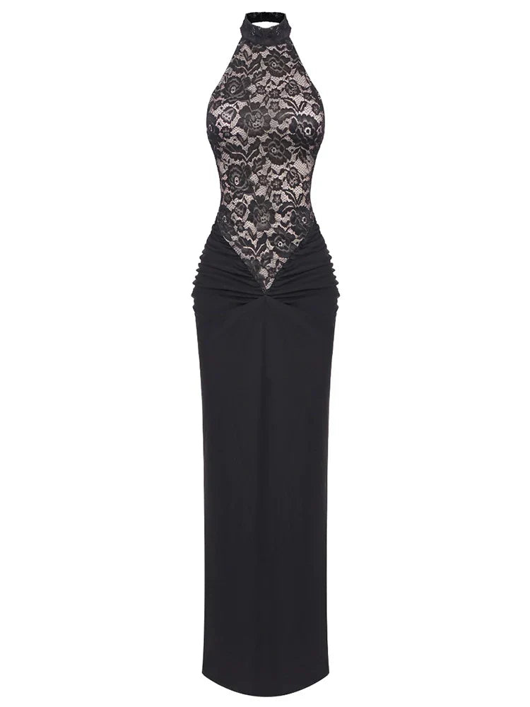Halter Neck Lace Patchwork Black Strap Maxi Dress