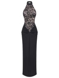 Halter Neck Lace Patchwork Black Strap Maxi Dress