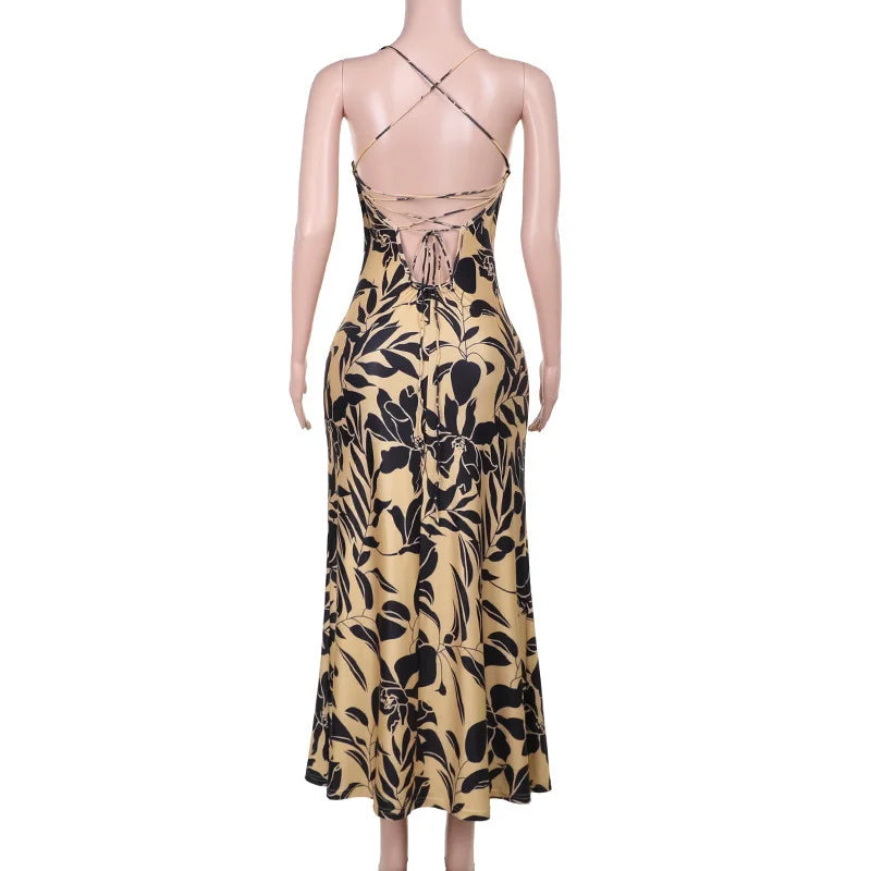 Leopard Print Bodycon Spaghetti Strap Backless Maxi Dress