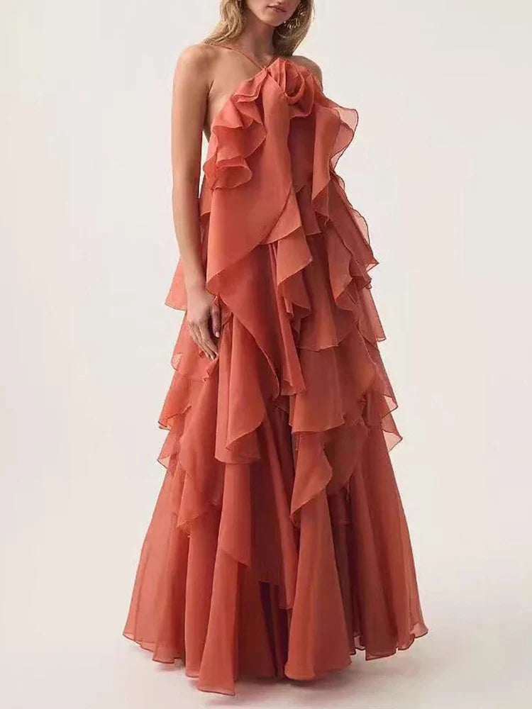 Halter 3D Flower Flounce Loose Maxi Party Dress