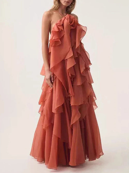 Halter 3D Flower Flounce Loose Maxi Party Dress