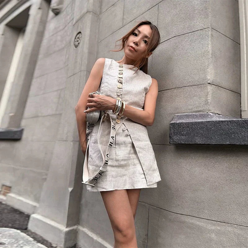 Sleeveless Front Button Two Piece Mini Dress
