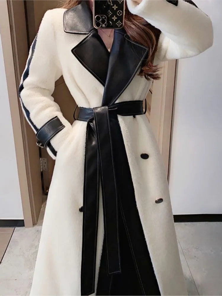 Contrast Patchwork Overcoat with Belt Party Dress