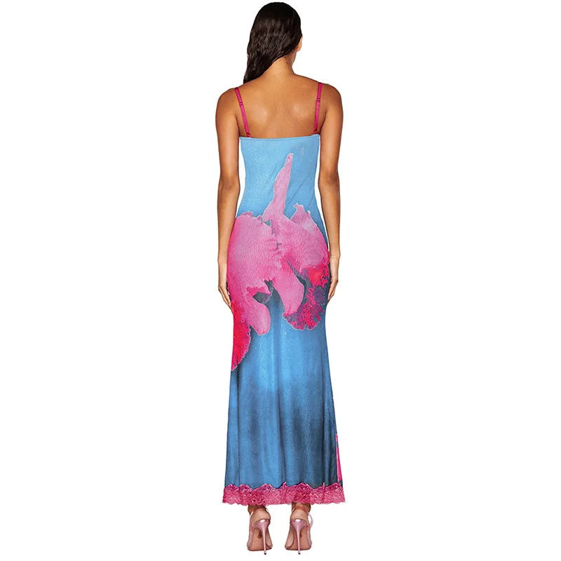 Spaghetti Strap Printed Long Party Dress