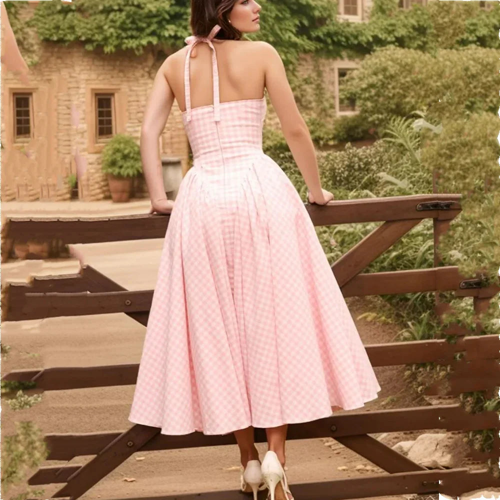 Pink White Plaid Bow Halter Midi Dress