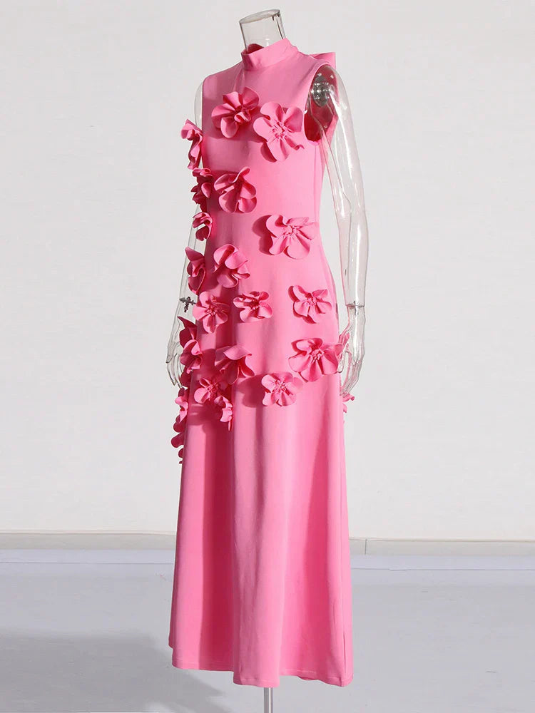 3D Flower Applique Mock Neck Midi Dress
