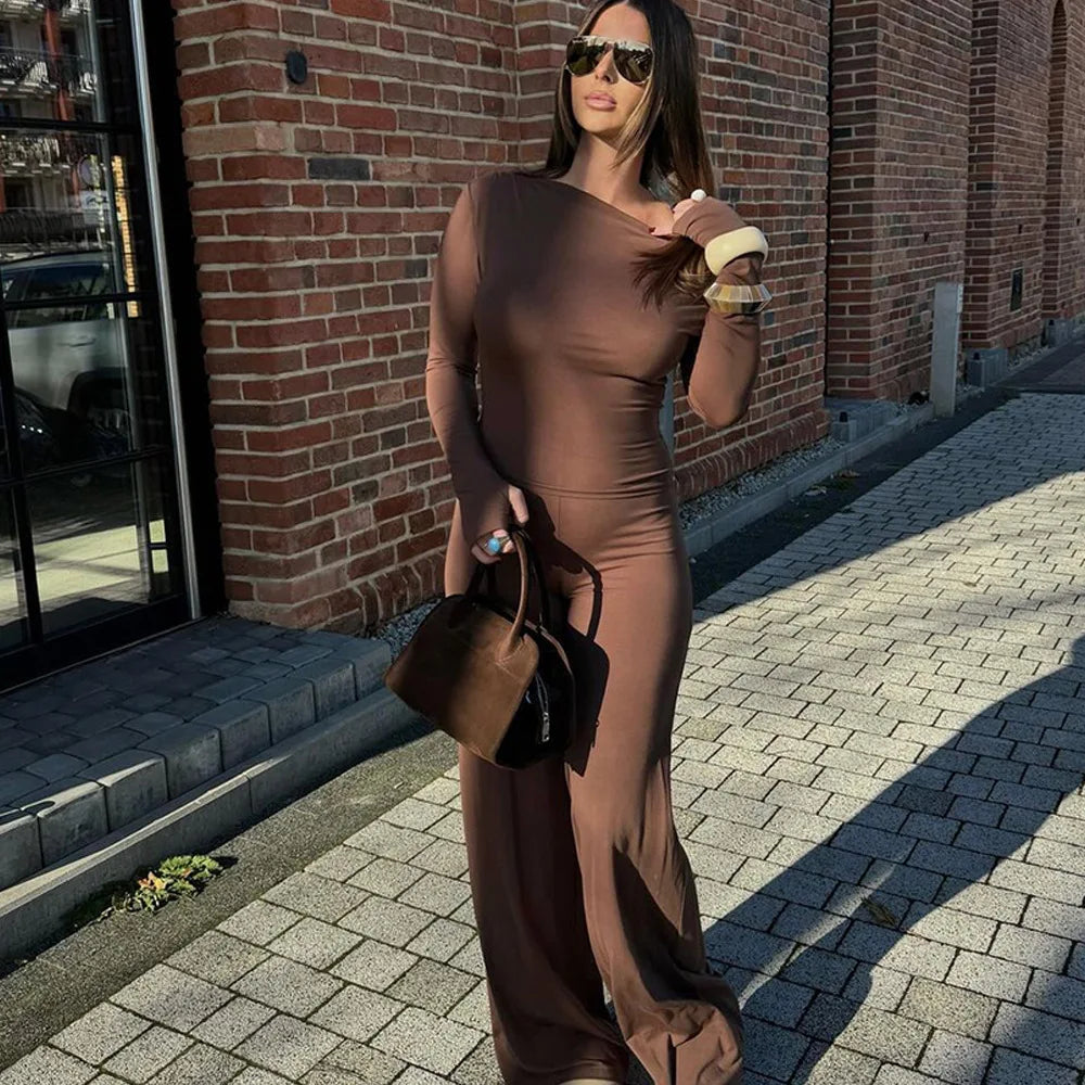One Shoulder Flare Sleeve Top Pant Suit Party Dress
