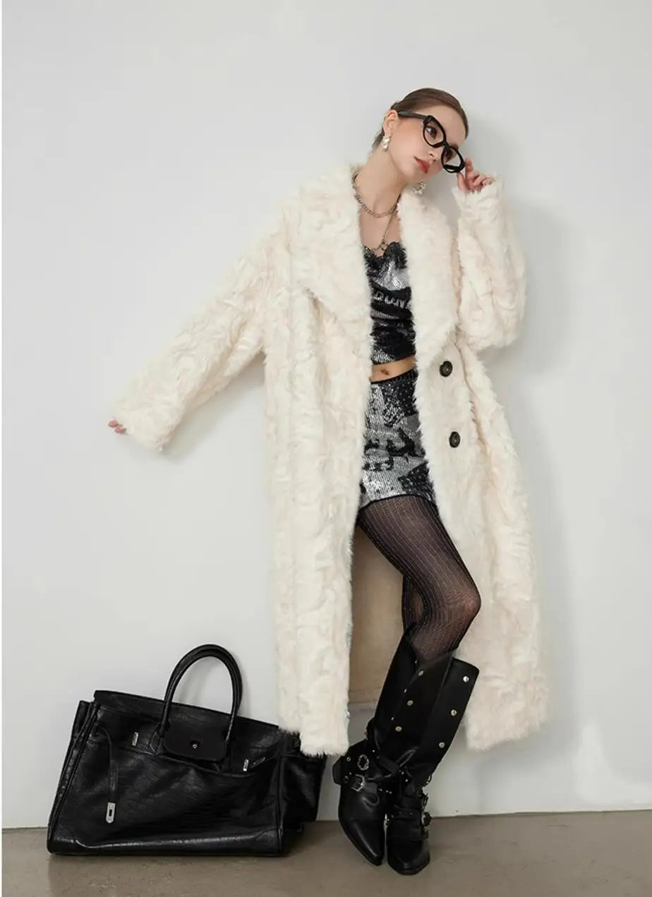 Large Lapel Shaggy Faux Fur Long Party Dress