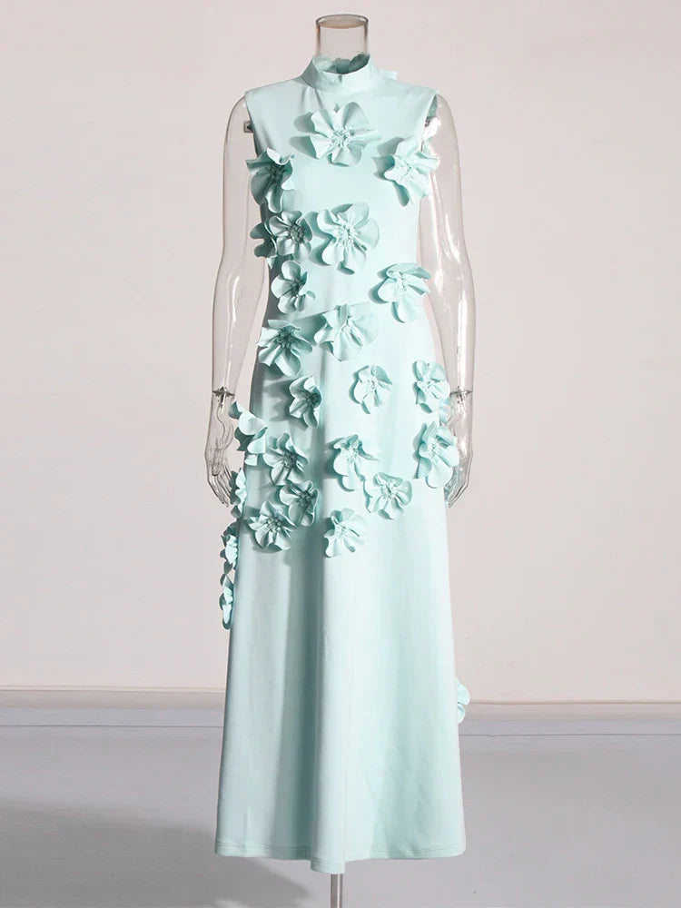 3D Flower Applique Mock Neck Midi Dress