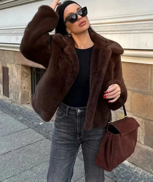 Lapel Side Pocket Faux Fur Jacket Party Dress