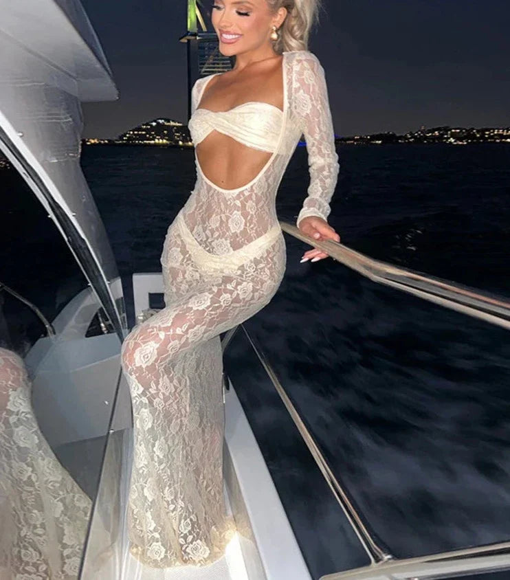 Lace Hollow Out Bodycon Perspective Maxi Dress