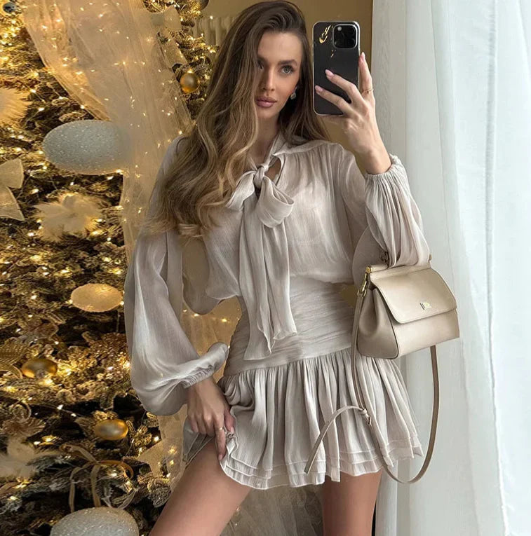 Lantern Sleeve Blouse Pleated Skirt Suit Mini Dress