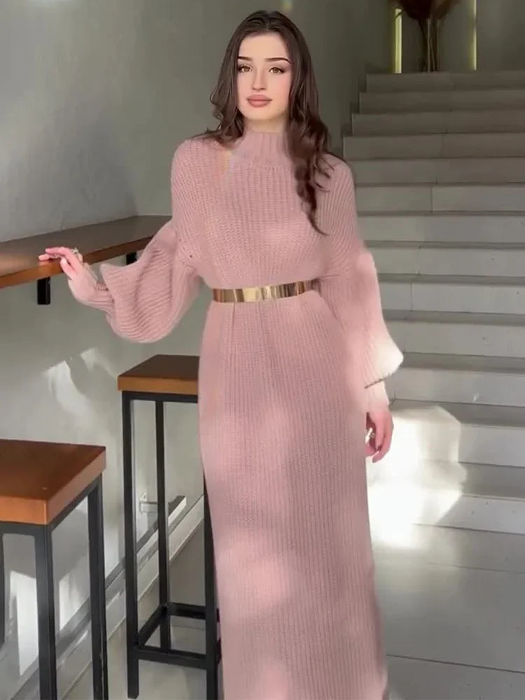 Turtleneck Pullover Belted Solid Party Dress