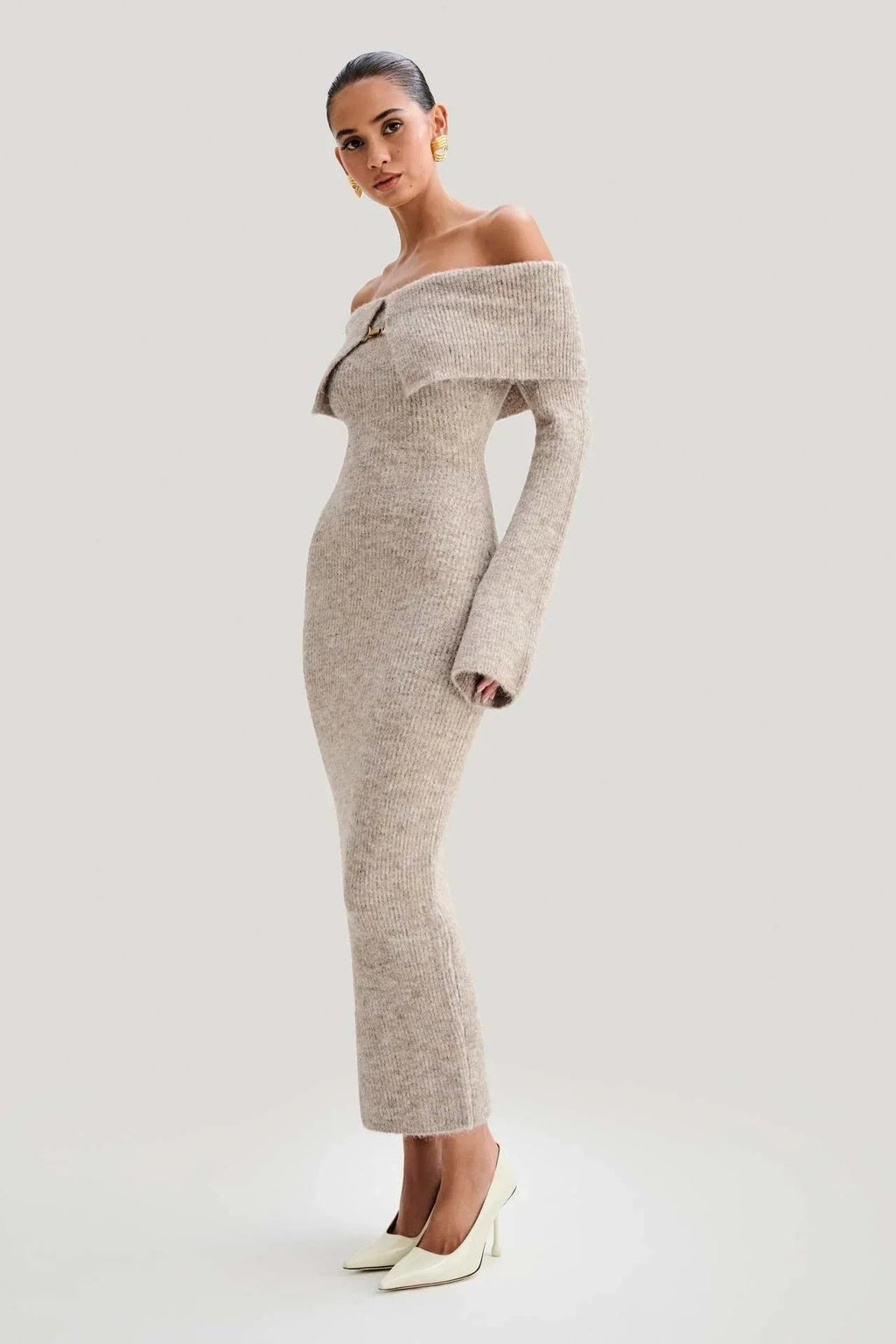 Knitted Off Shoulder Soft Midi Dress