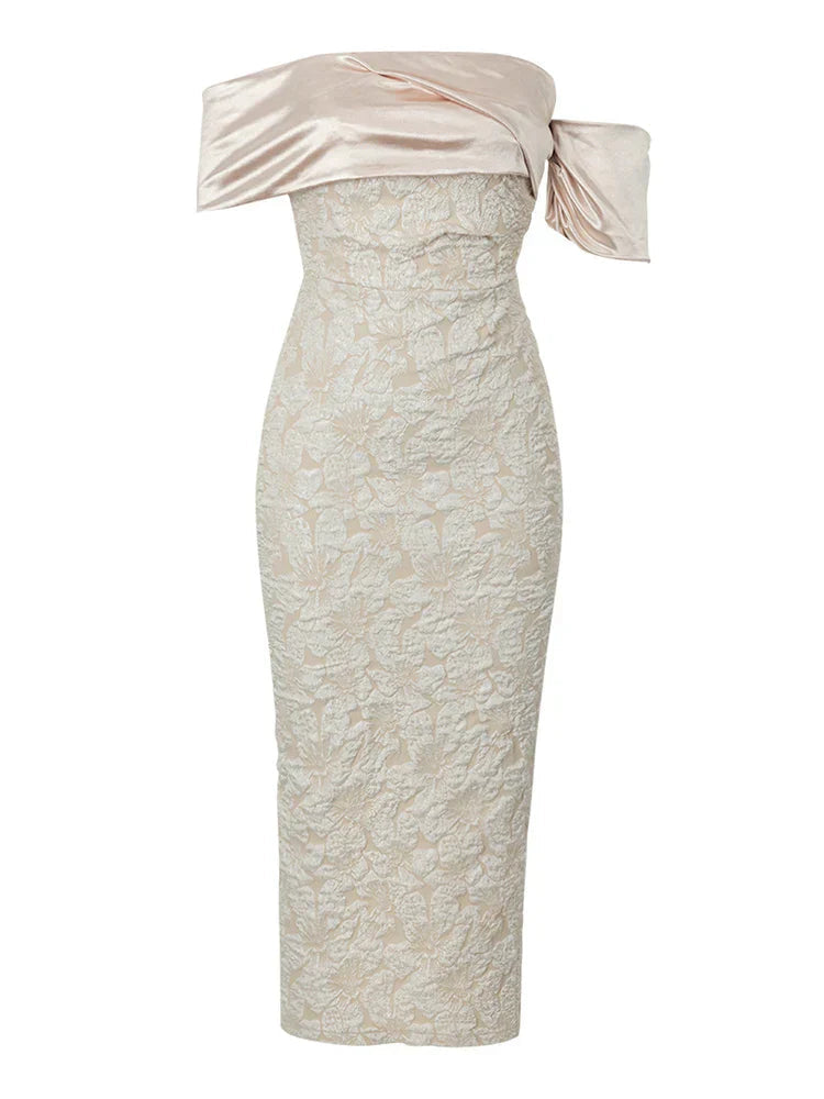 Slash Neck Embossed Flower Beige Party Dress