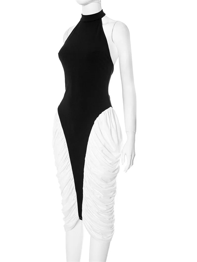 Patchwork Halter Pleated Contrast Midi Dress